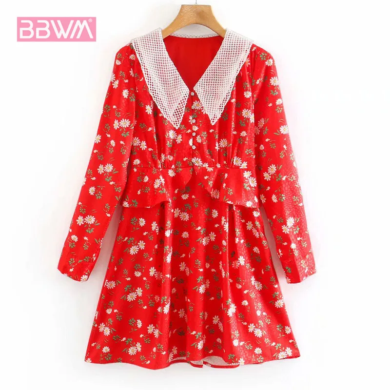 Женское платье с длинным рукавом красное шикарное кружевное в стиле Харадзюку