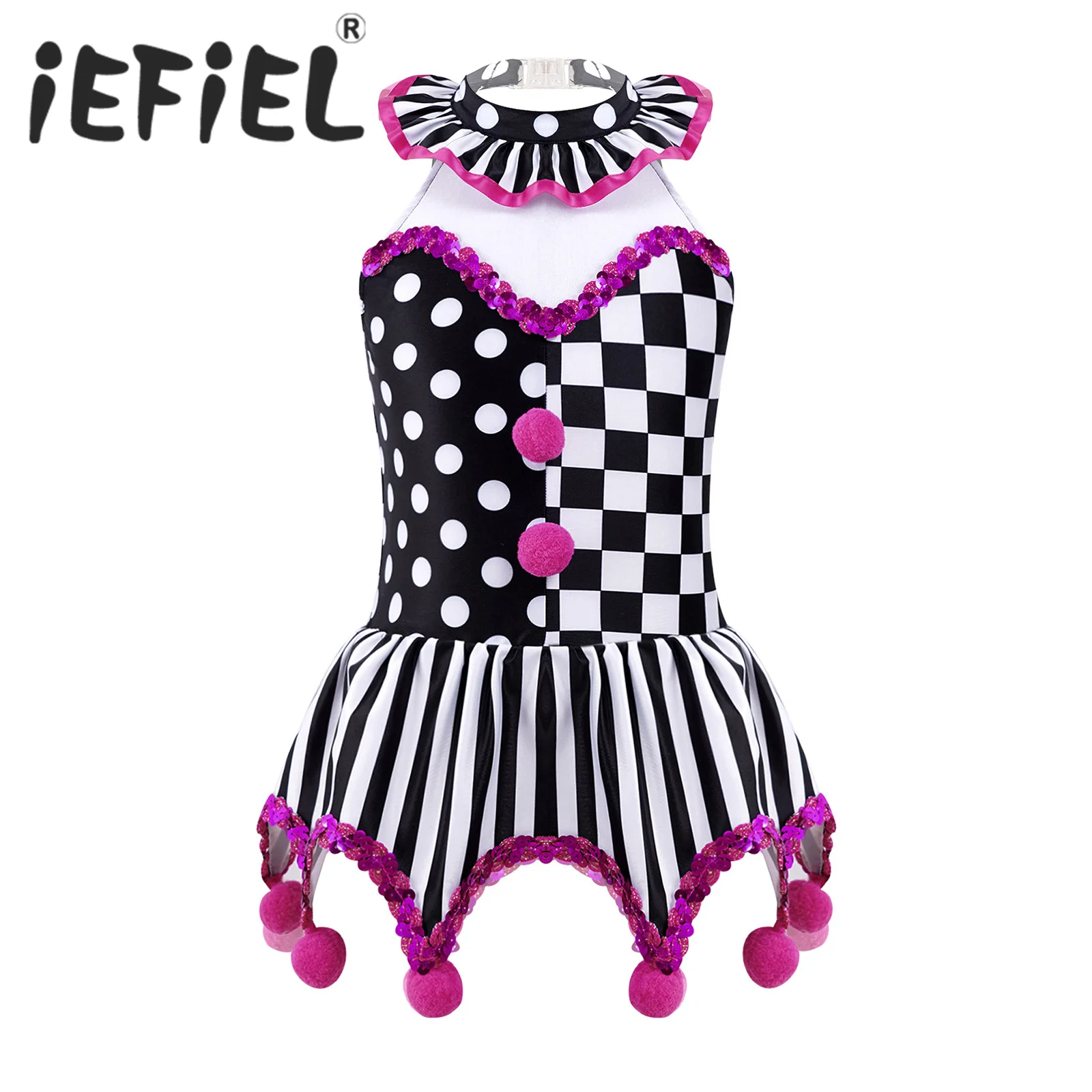 

Kid Girls Circus Clown Cosplay Costumes Dress Halter Neck Plaid Polka Dots Stripes Halloween Carnival Party Dress Up Clothes