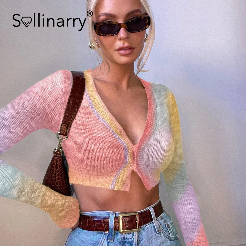 

Sollinarry Winter Autumn Holiday Siknny Women Top Cotton V-neck Button Ladies Short Cardigan Full Regular Sleeve Female Cardigan