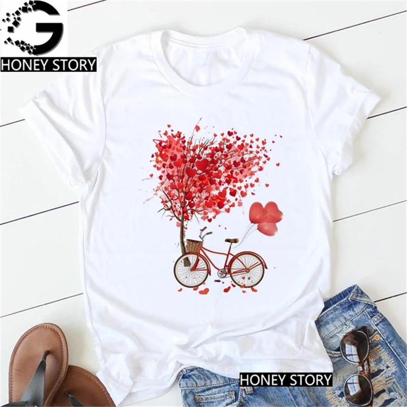 

Flower Heart Bike Ballon Print Women Tshirt Summer Casual Funny T shirt Gift 90s Girl Fashion Short Sleeve Tshirts, Drop Ship