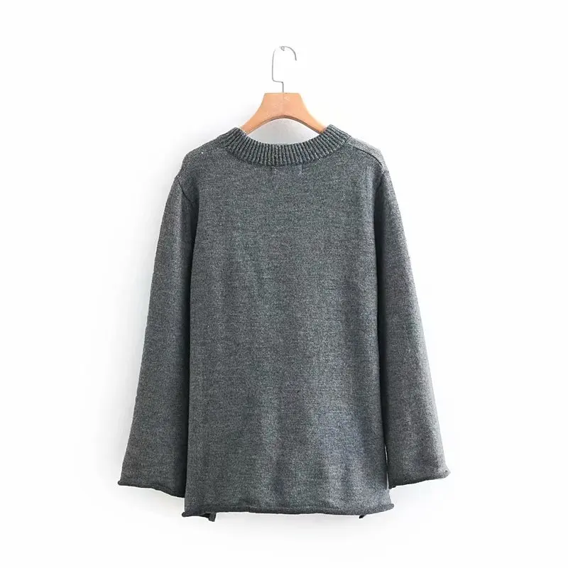 Fashion Casual Women Grey O-Neck Knitwear Jumpers Ladies 2019 Za Button Sleeve White Sweater Boyfriend Wind Knitted Pullovers | Женская