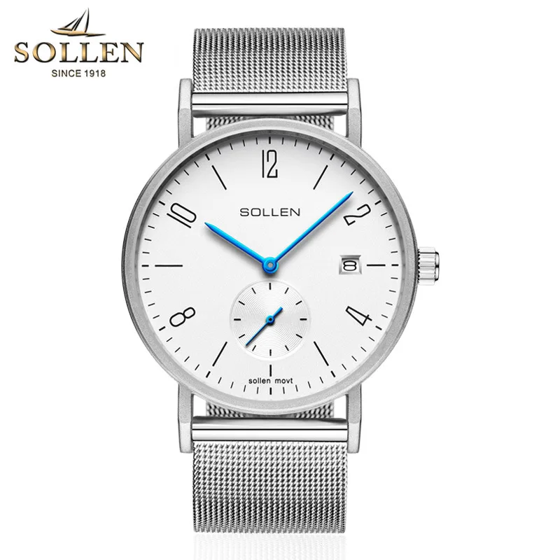 Silver White 8 мм толщина часы мужские SOLLEN минимализм кварцевые часы мужские Дата наручные часы мужские водонепроницаемые мужские часы дропшиппинг SL9045 - Цвет: Silver White