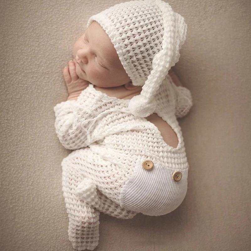 2 Pcs Newborn Photography Props Crochet Outfit Baby Romper Hat Set Infants Photo Shooting Beanies Cap Jumpsuit Bodysuit