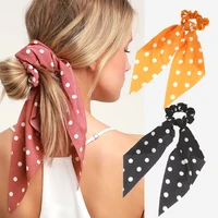 new rusty rose polka dot scarf ponytail holder long hair scrunchies ribbon elastic hair bands women bow ties hair accessories