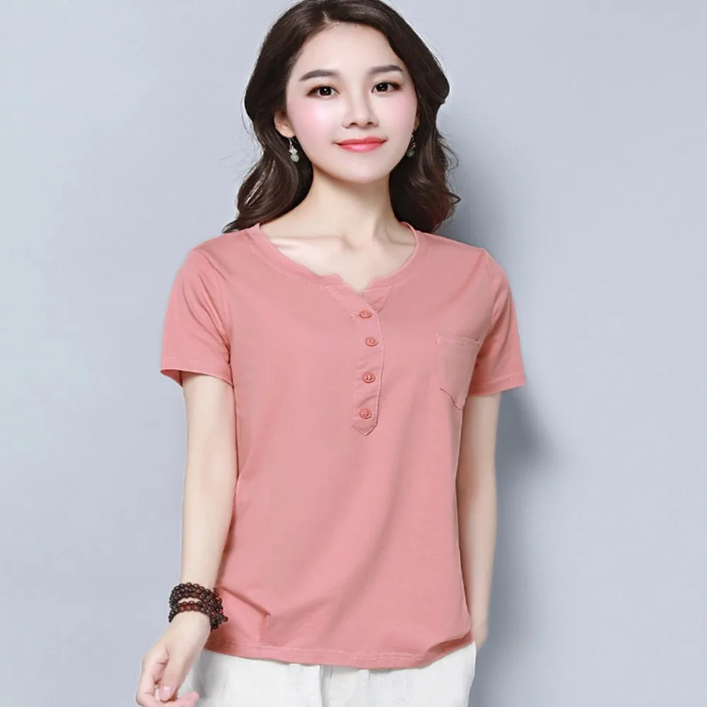 

Женская футболка из чистого хлопка, женская летняя футболка с коротким рукавом, новая Половина рукава, v-образный вырез, YR22