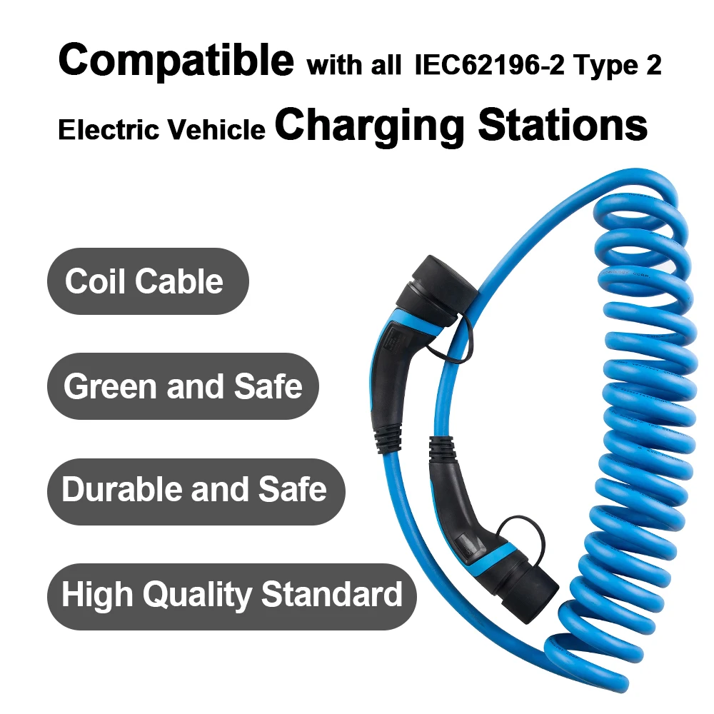 安い 電気自動車用充電ケーブル,22kW,32A,タイプ2からタイプ2,IEC62196-2,5メートルスパイラルケーブル付き