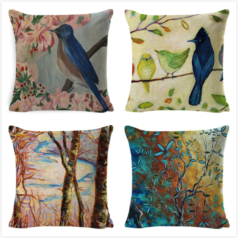 

Colorful Watercolor Floral Birds Tree Cushion Cover Cotton Linen Lumbar Pillow Case Waist Throw Pillow Cover 45*45cm Pillowcase
