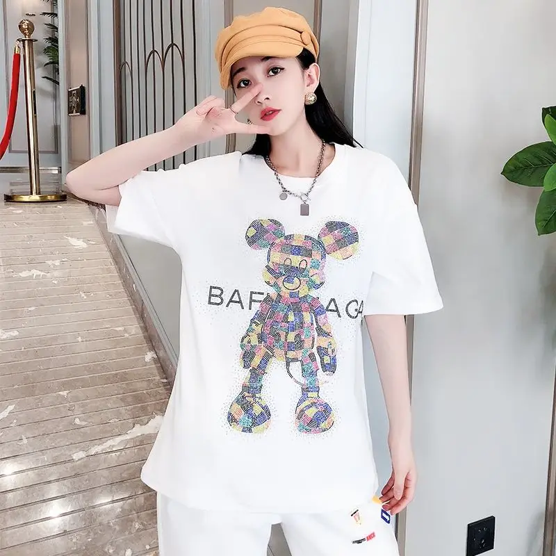 

Short-sleeved T-shirt Women 2021 New Style Summer Fashion Solid Color Hot Diamond Bear Loose Top Graphic Tee Shirts for Women