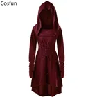 Женское мини-платье с капюшоном, готическое платье-корсет со шнуровкой и ласточкиным хвостом, костюм эльфа Платье-туника для Хэллоуина