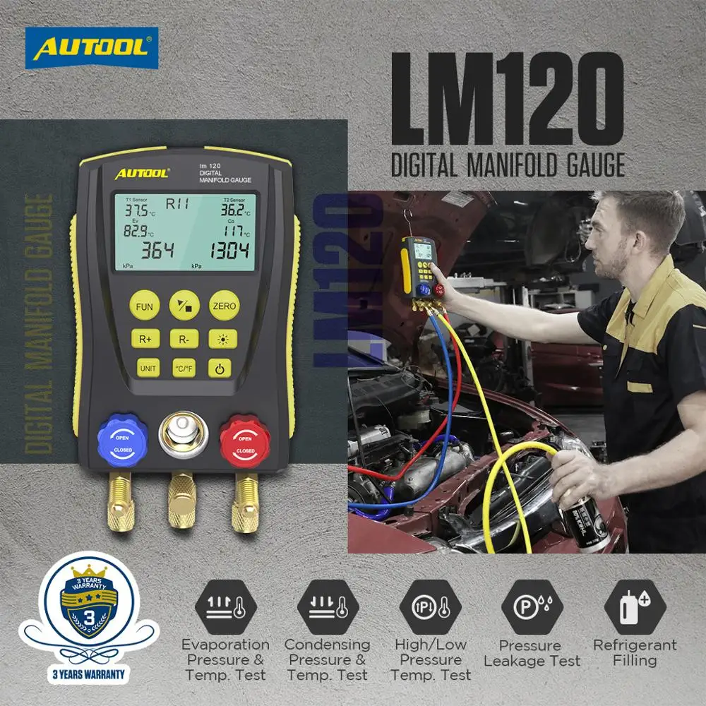AUTOOL LM120 цифровой тестер холодильного коллектора HVAC холодного и среднего
