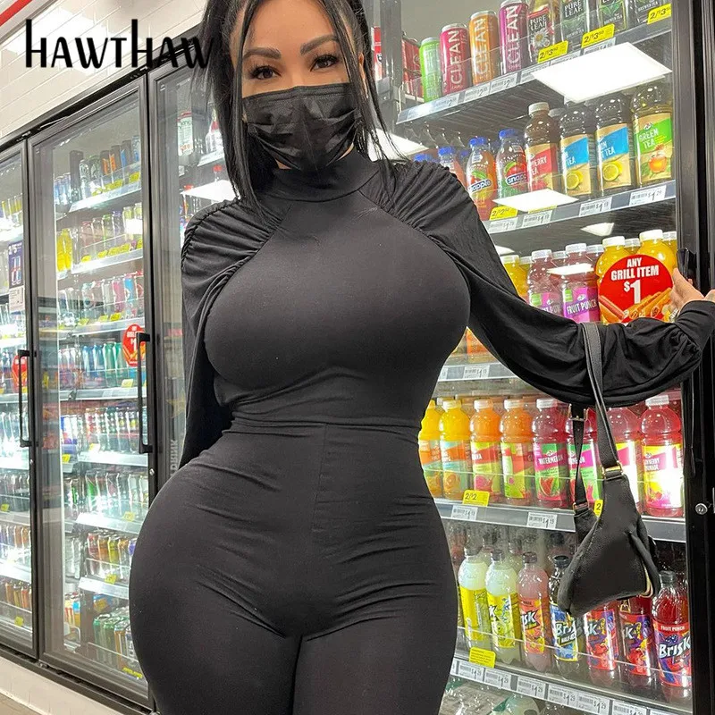 

Hawthaw Women Autumn Long Sleeve Bodycon Black Jumpsuit Overalls 2021 Fall Bulk Items Wholesale Lots Streetwear Dropshipping