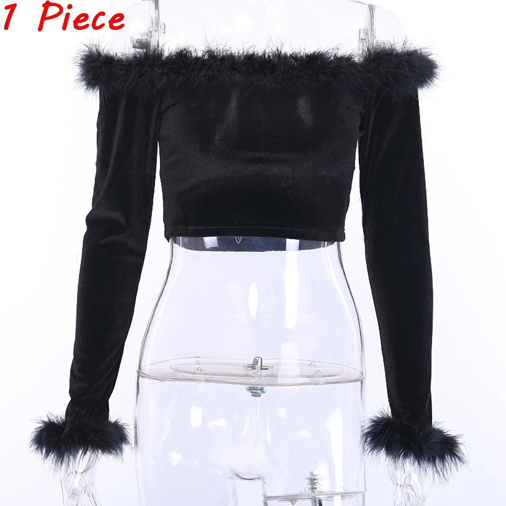 Tops Женский черный меховой костюм из 2 предметов, комплект с милыми перьями, рубашки с длинным рукавом и открытыми плечами, высокая талия, посылка, юбки, комплект из двух предметов для вечеринки - Цвет: Tops