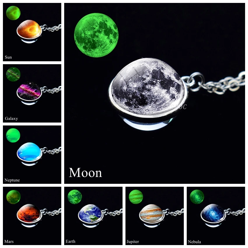 

Glow In The Dark Galaxy Necklace Planet Pendant Universe Jewelry Solar System Moon Earth Double Side GlassBall Luminous Necklace