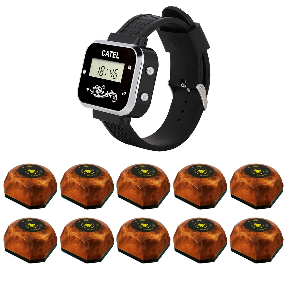 CATEL 1 Watch 10 Call Button Strong Signal Wireless Calling System Call Transmitter Pager for Restaurant Cafe Bell Buzzer