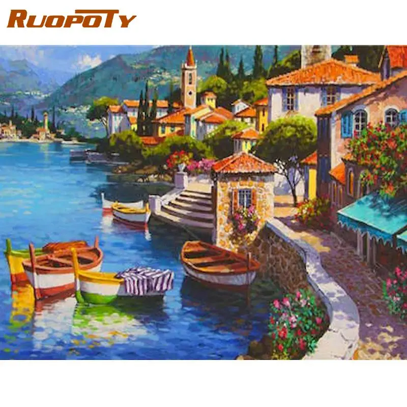 

RUOPOTY 60x75cm Framed Painting By Numbers Handmade DIY Gift Beautiful Holiday Village Scenery Paint Kits Home Living Room Craft