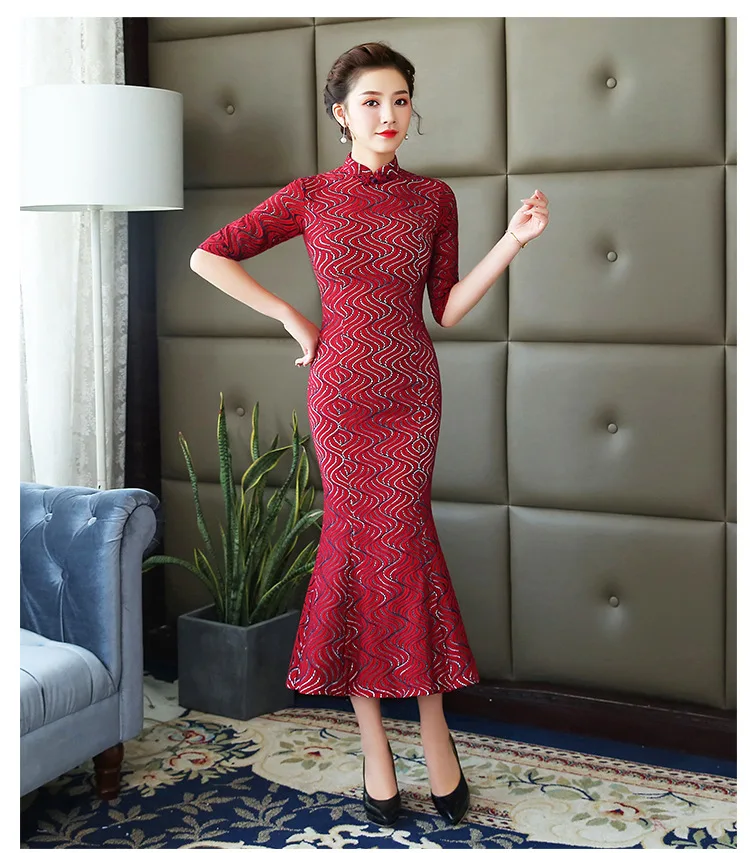 

Elegant Women Half Sleeve Chiffon Mermaid Cheongsam Dress Ladies Vintage Chinese Traditional Qipao Oversize 4XL