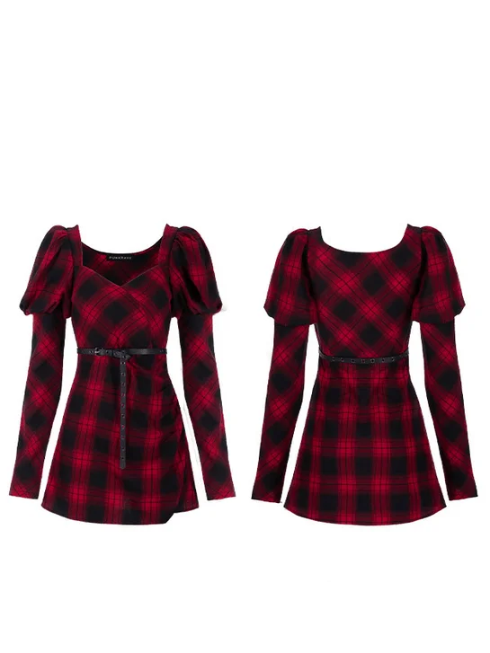 Панк Rave женщин квадратный воротник слоеного плеча плед платья с поясом PQ-735LQ |