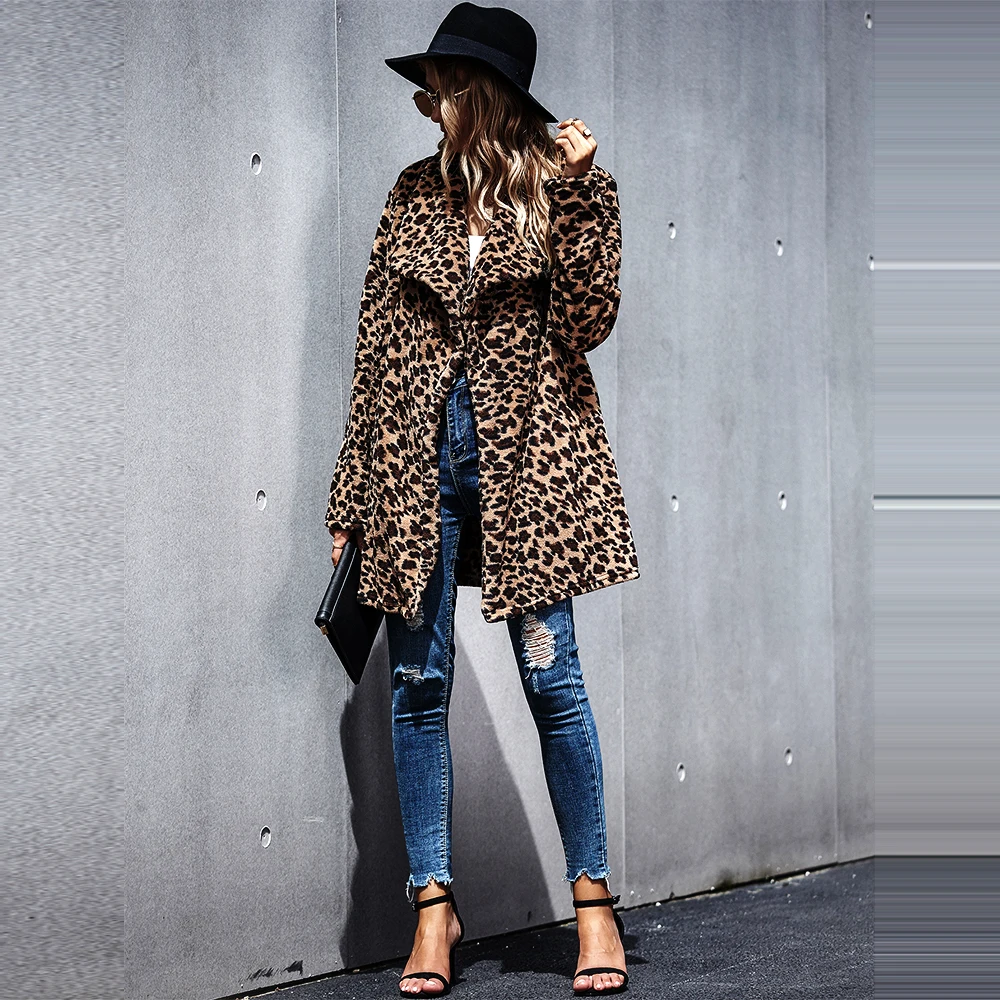 

Leopard Women Faux Fur Coat Streetwear Long Sleeve Turndown Collar Buttons Autumn Winter Warm Overcoat Female Long Coats