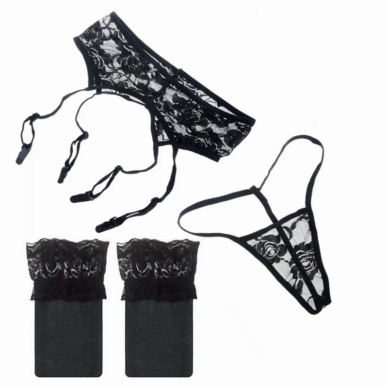 Black With Stockings Женское сексуальное нижнее белье, Кружевная подвязка с цветами на поясе,, кружевной топ, чулки до бедра, эротические прозрачные стринги, сексуальный комплект с подвязками - Цвет: Black With Stockings