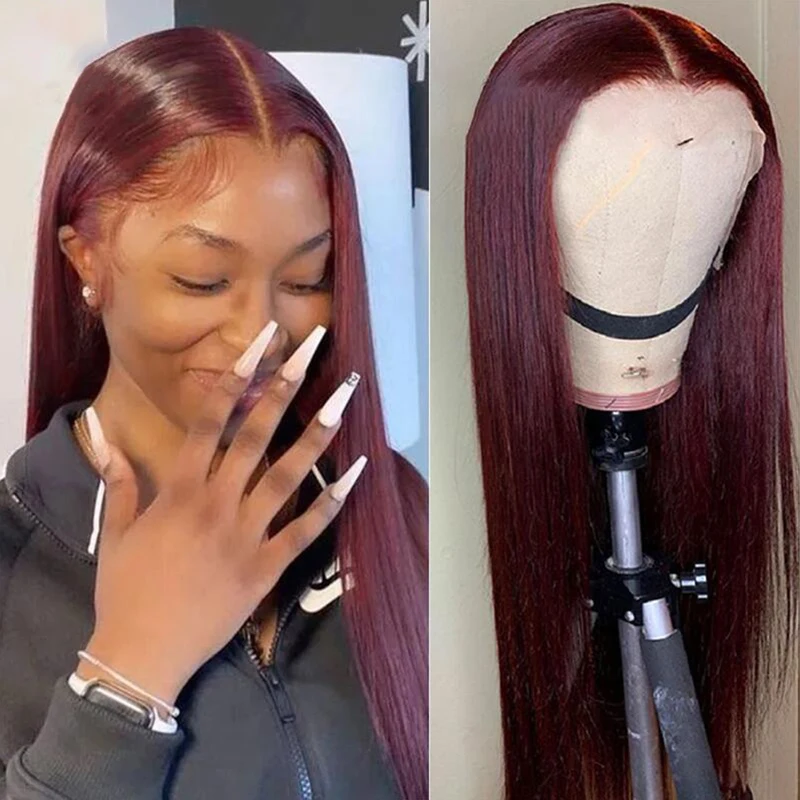 

Peruvian Straight Hair 13X4 Lace Front Wig Human Hair Wigs 99J Red Burgundy Pre-Plucked 180% Remy Human Hair Deep Part Wigs