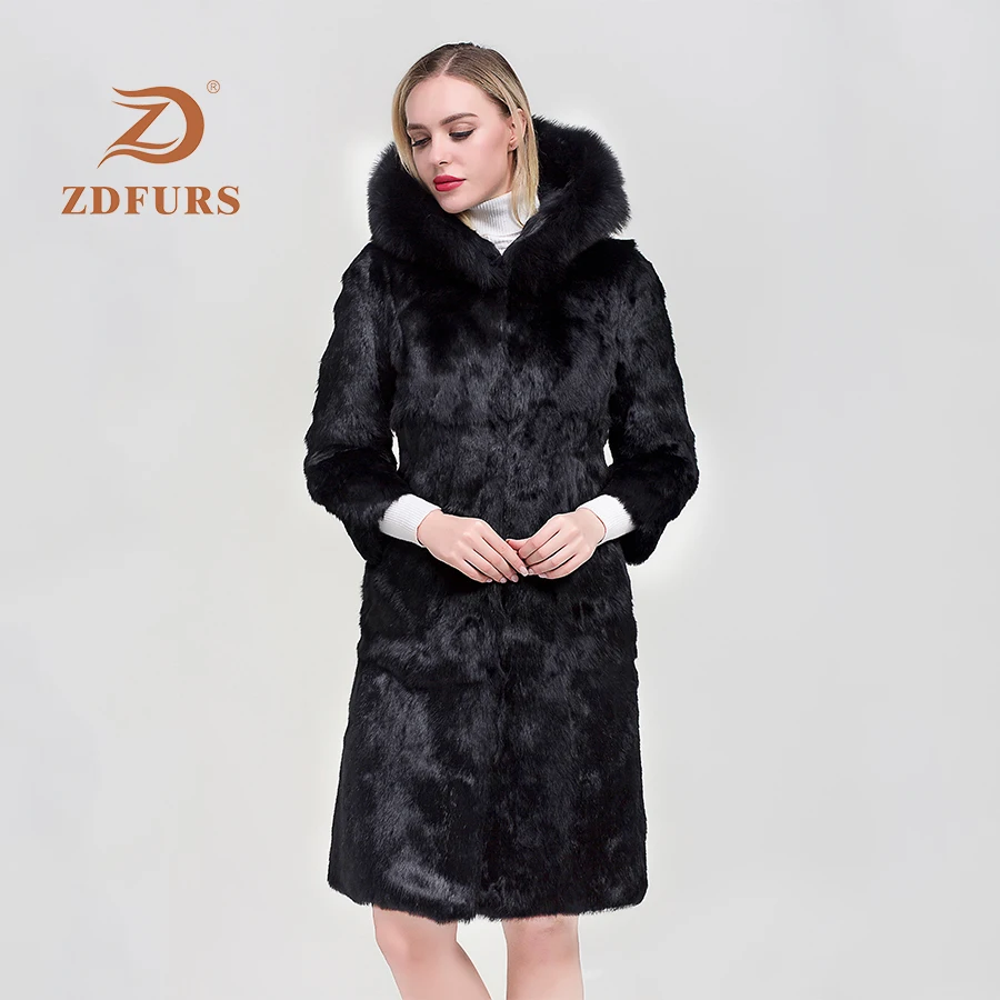 ZDFURS*2019 Fashion real fur coat women full sleeve wave cut genuine rabbit fur warm winter coats and jackets with fox hood