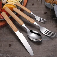 1 pc retro stainless steel tableware with wooden handle food spoon knife fork dinnerware cutlery for home kitchen utensils