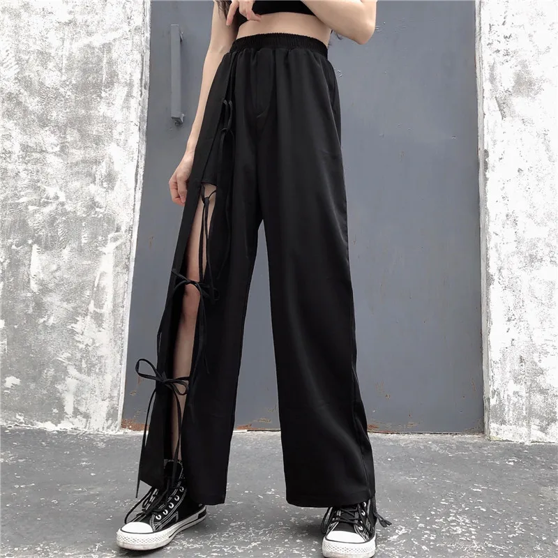 

autumn new ins black wide leg pants streetwear women loose Hollow out Bandage casual long capri straight Korean harajuku hipster