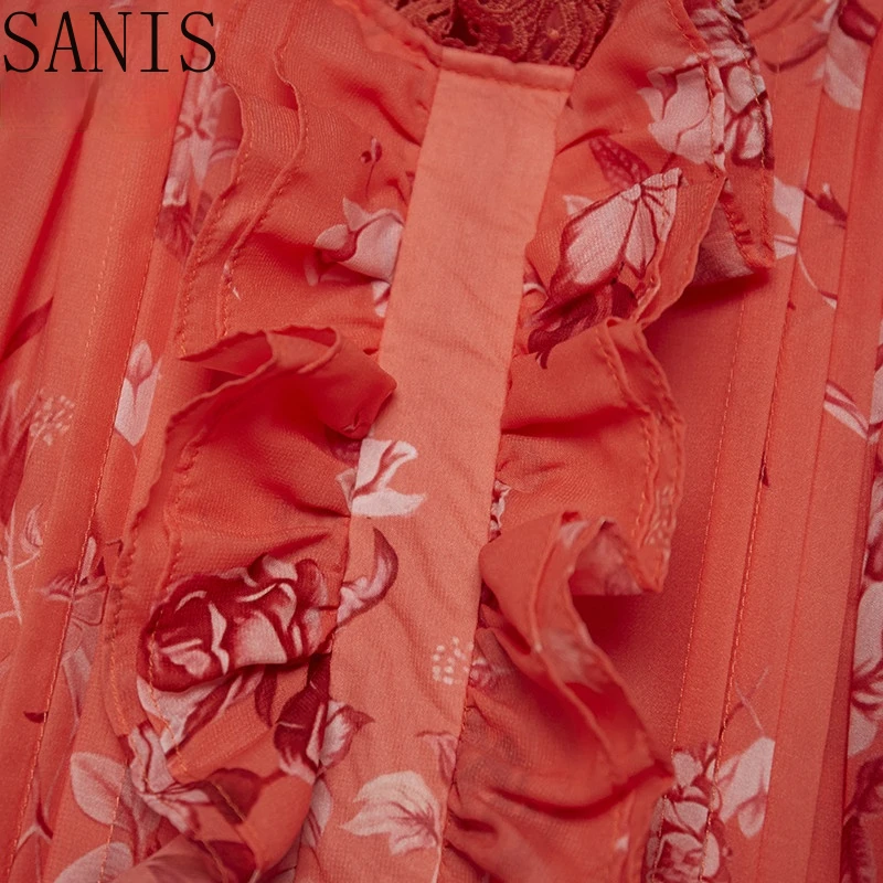 

Sanis Summer Fashion Dress Women Flare Sleeve Lace Patchwork Floral print 2021 New Plus Size Long Vintage Party Dress