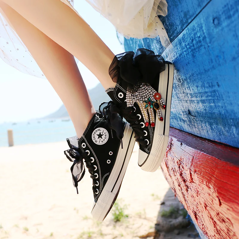 

Кеды женские высокие с бантом, холщовые кроссовки, универсальные, черные, со стразами, на лето, 5HAP