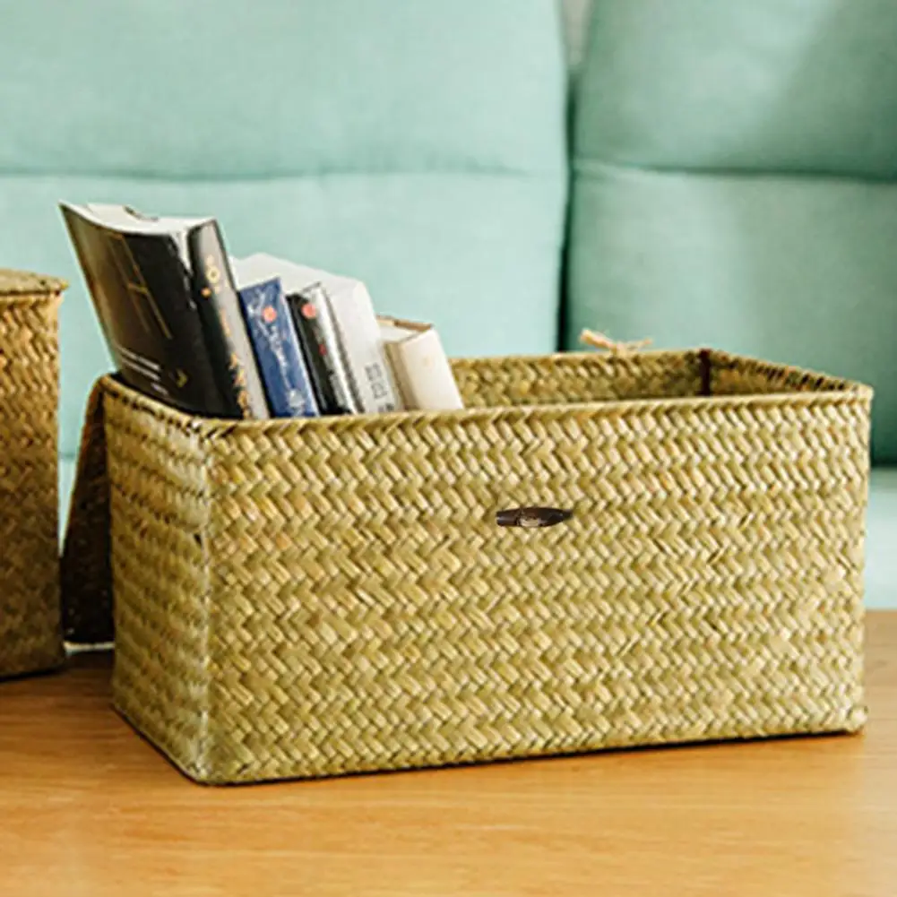 Natural Straw Rectangular Desktop Storage Basket Wire Handles Decor Seagrass Woven Wicker Organizing Shelves | Дом и сад