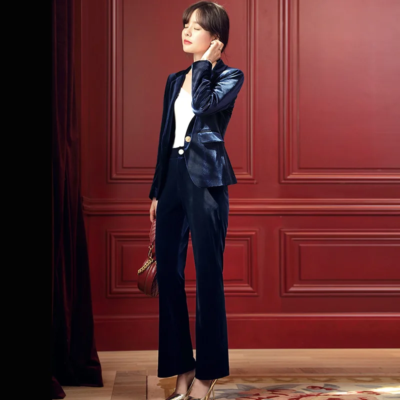 Золотой бархатный костюм комплект 2019 Осень Новая мода Повседневная Деловая