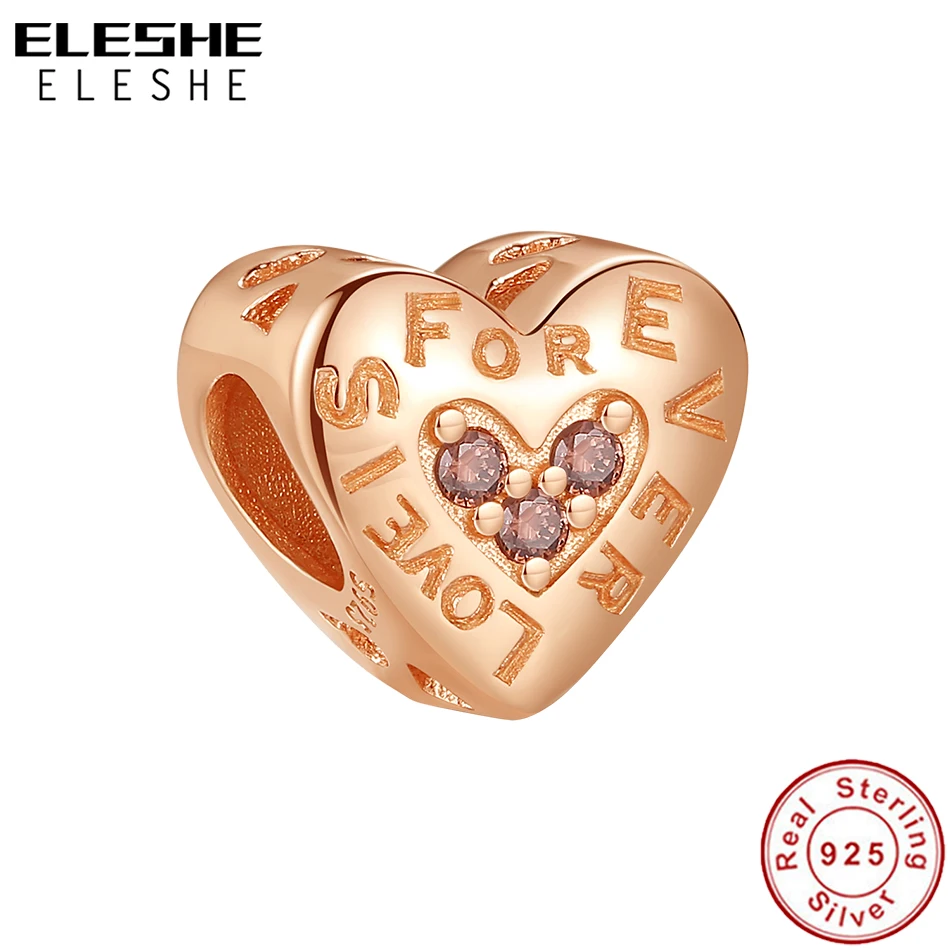

ELESHE 100% 925 пробы серебро «любовь навсегда» Сердце Подвески из розового золота с камнями бисера подходят оригинальный браслет ювелирных изде...