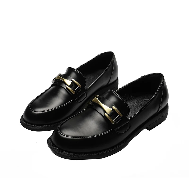 

2021 spring new fashion Women's shoes leather shoes casual round toe metal buckle thick bottom Single shoes non-slip loafers