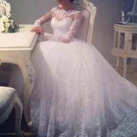 long sleeve wedding dresses 2016 scoop neckline ball gown beaded applique floor length white lace wedding gowns