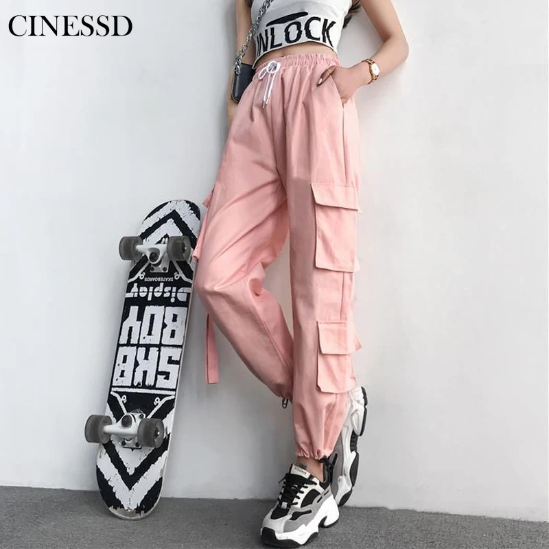 

Handsome Cargo Pants Women High Waist Pocket Jogger Pants Female Casual Elastic Waist Loose Trousers Fashion Streetwear Pants