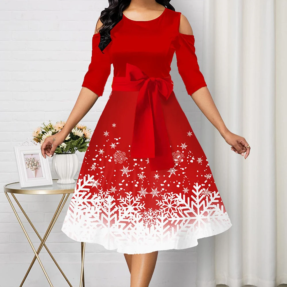 

Women Dress 2022 Cold Shoulder Christmas snowflake Print Dresses New Year Winter Elegant Round Neck Party Evening Dress Outfits