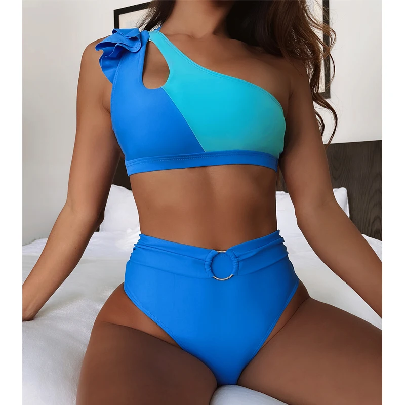 

Mossha One shoulder bandeau push up bikini Ruffle swimsuit women Patchwork swimwear High waist bathing suit High cut beach wear
