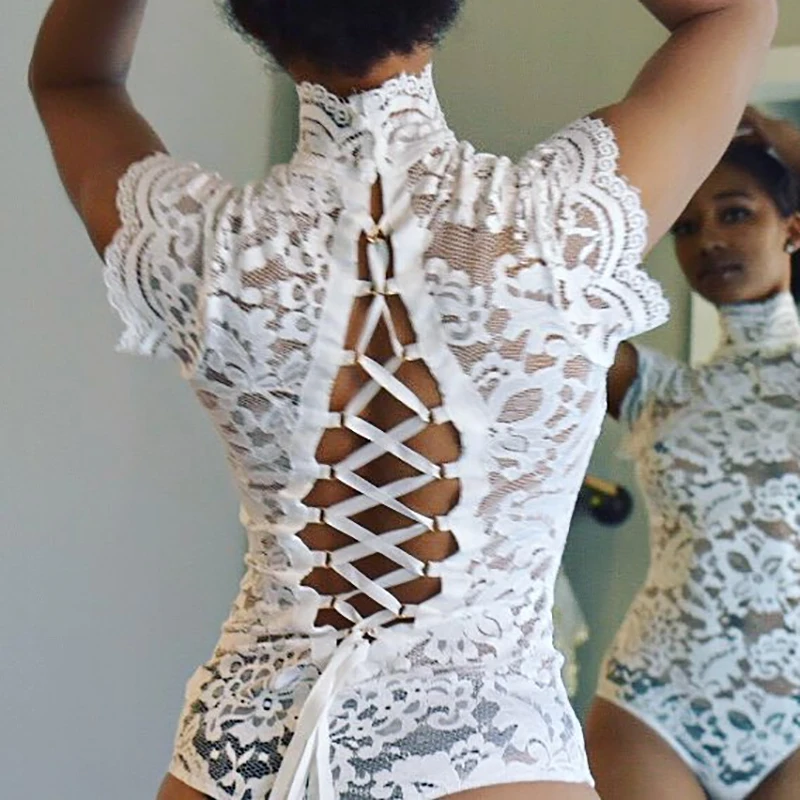 

Mesh Lace Bodysuit Women Sexy Sleeveless Backless Lace Up Bodysuit Rompers Party Club Ruffles Slim Female Vintage Bodysuit
