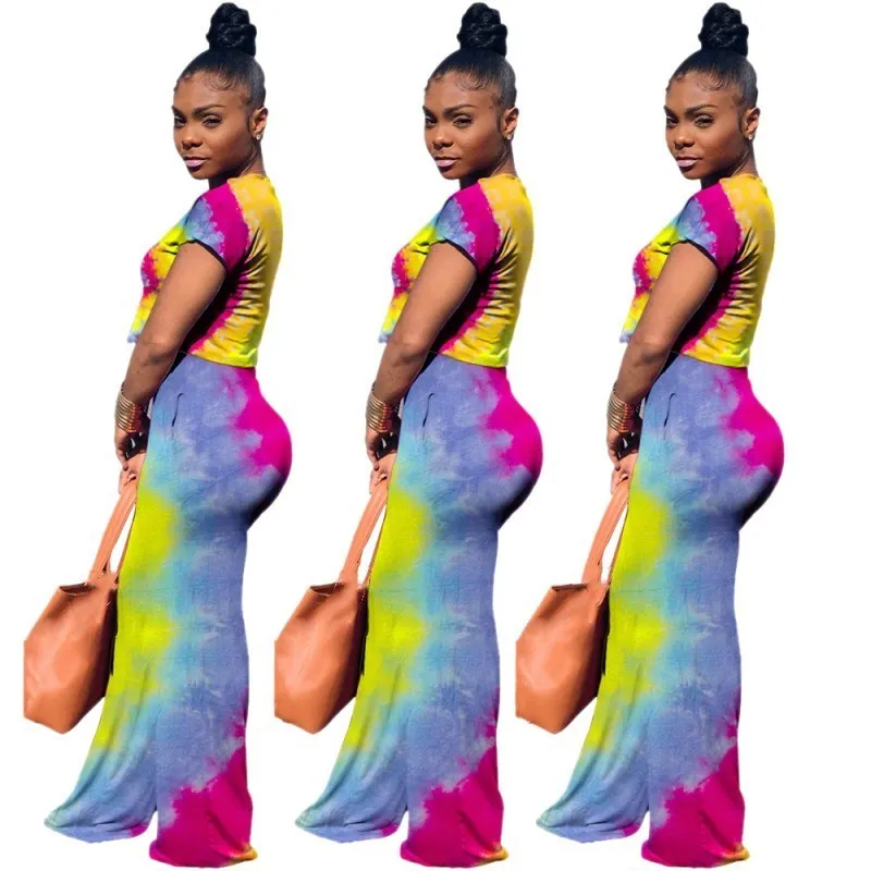 Женский костюм-двойка с короткими рукавами летний укороченный топ и широкие