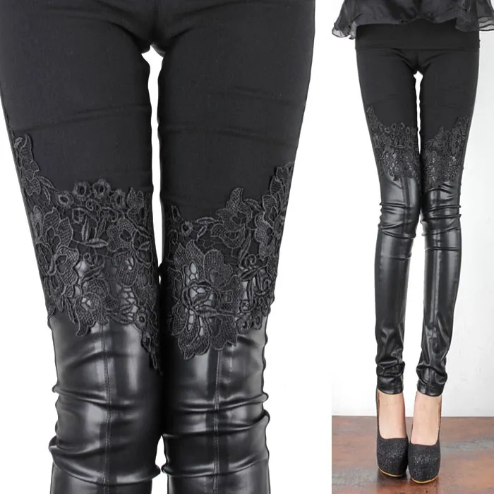 Autumn Winter Women Slim Pu Leather Pants Female Patchwork Lace Leggings Fashion Sexy Pencil Trousers | Женская одежда