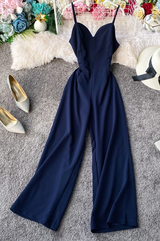 

Women Sexy Beach Playsuit New 2020 Summer Spaghetti Strap V-neck Slim Romper Female Loose Straight Pants Overalls Jumpsuit