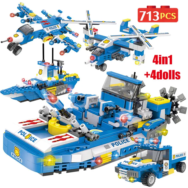 

713pcs City Police Trucks Diy Helicopter Building Blocks City SWAT Team Police Boat Car Bricks Educational Toy For Boy
