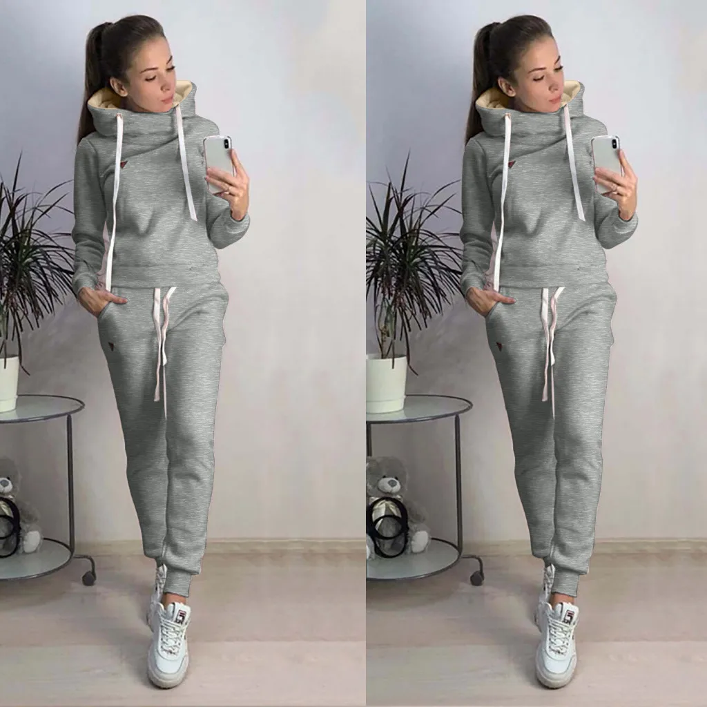Спортивный костюм женская спортивная одежда женский костюм модный Женский Повседневный однотонный спортивный топ с капюшоном и длинным рукавом+ комплект длинных брюк# g4