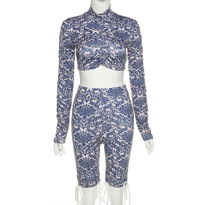 

European and American new suit women autumn two-piece western style women's fashion printing drawstring leisure sports suit