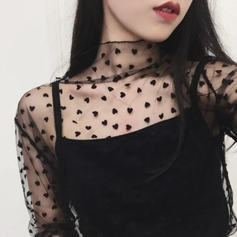 Пикантные сетчатые Топы harajuku Прозрачная Футболка открытая Прозрачная майка с длинным рукавом в горошек сетчатые Топы Клубная звезда с сердцем