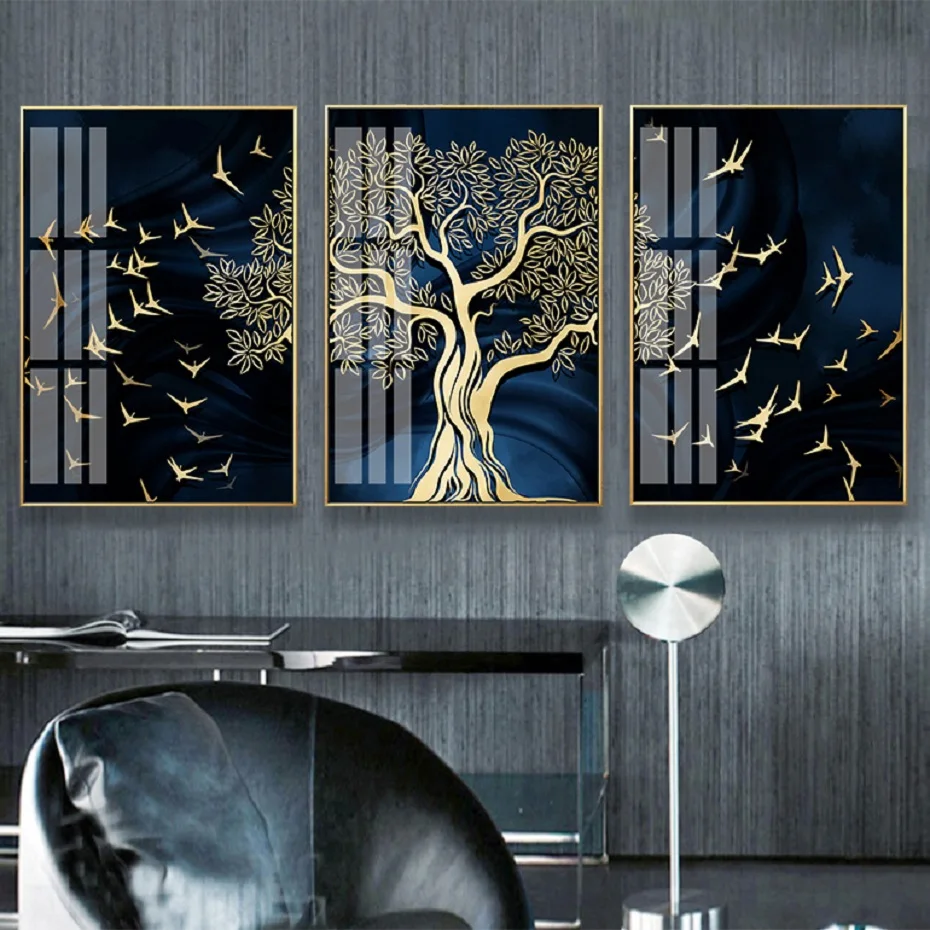 

Абстрактная Картина на холсте с изображением золотых деревьев и птиц