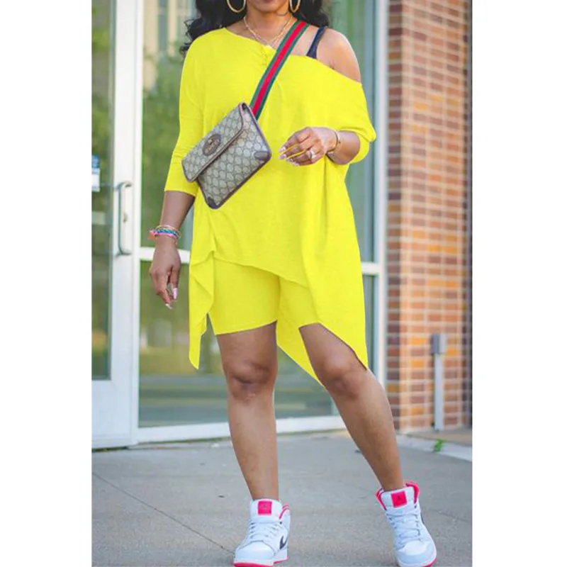

YICIYA New women's Loose clothing Slanted shoulder mid-length sleeves Irregular dovetail top High-waisted shorts two-piece suit