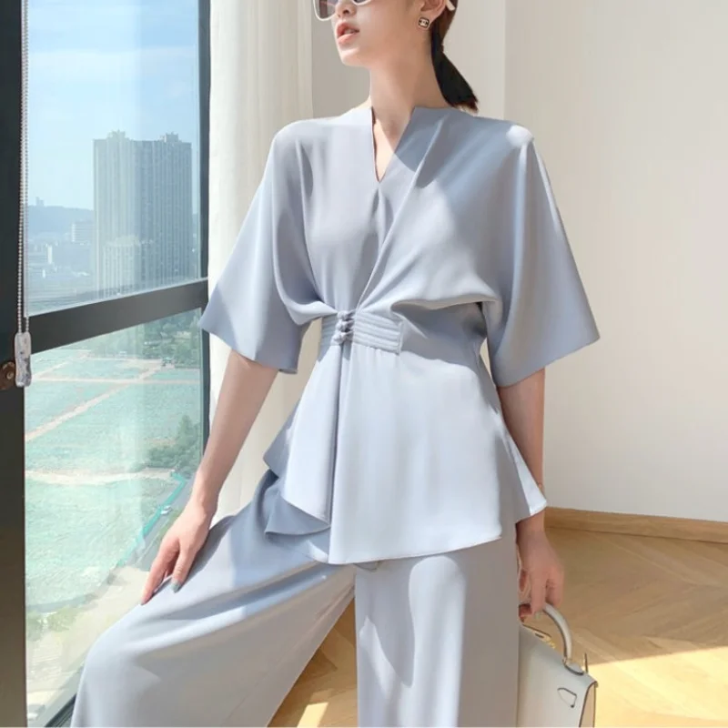 

2021 Summer Elegant Two Piece Set Women Designer France Vintage Suits Set Retro Chic Tops Casual Wide Leg Pants Korean Clothing