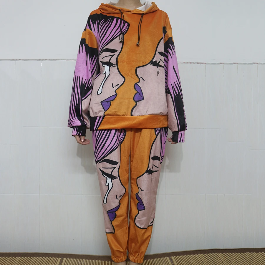 Fun Printing Design Very Thin Sweatshirt Pants Suit 2 Piece Set Women Tracksuit New Autumn Tops Loose Casual Girls Plus Size 3XL |