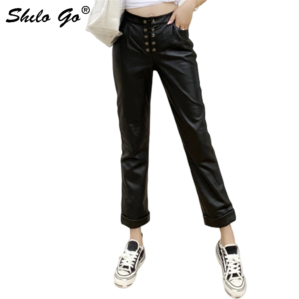 Натуральная кожа брюки двубортные спереди Высокая талия овчины прямые женские